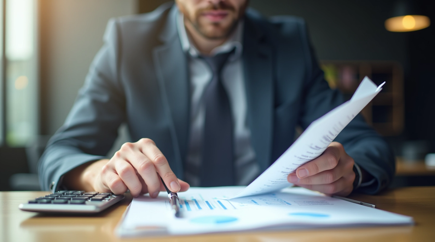 Close-up of a business person reviewing financial reports on a wooden desk with calculator and pen